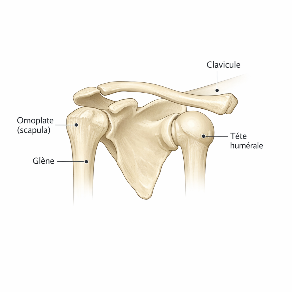 Schéma anatomique de l’épaule (vue pédagogique) : omoplate, glène, tête humérale, clavicule, labrum et stabilisateurs