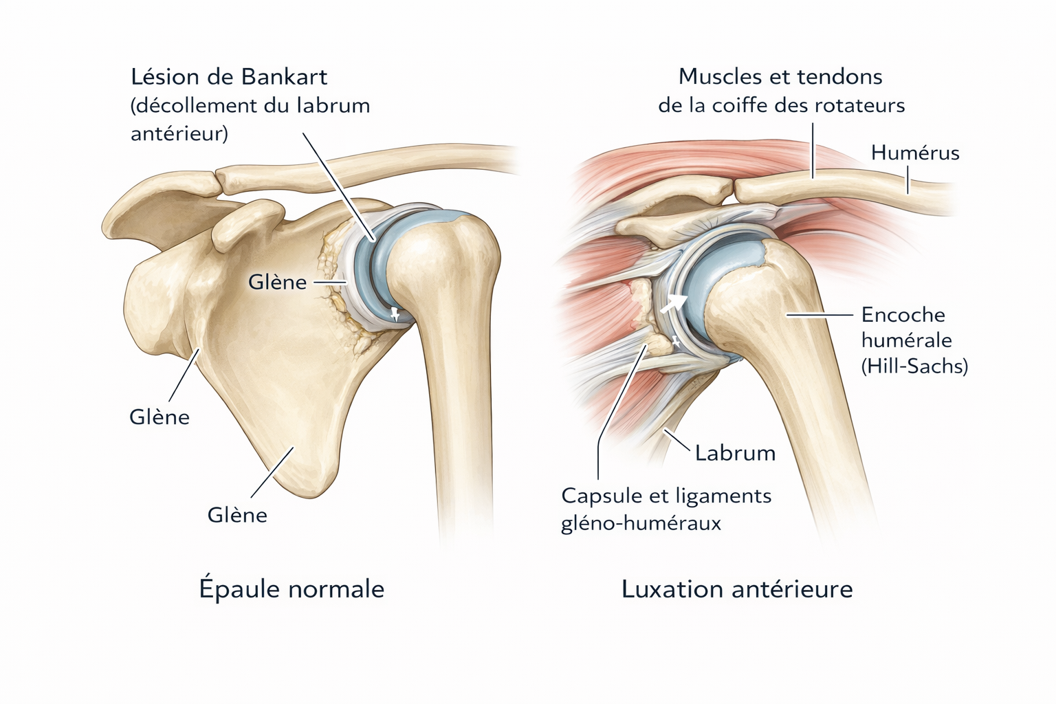 Schéma : mécanismes de stabilité de l’épaule et lésions d’instabilité (Bankart, encoche humérale, perte osseuse glénoïdienne...)