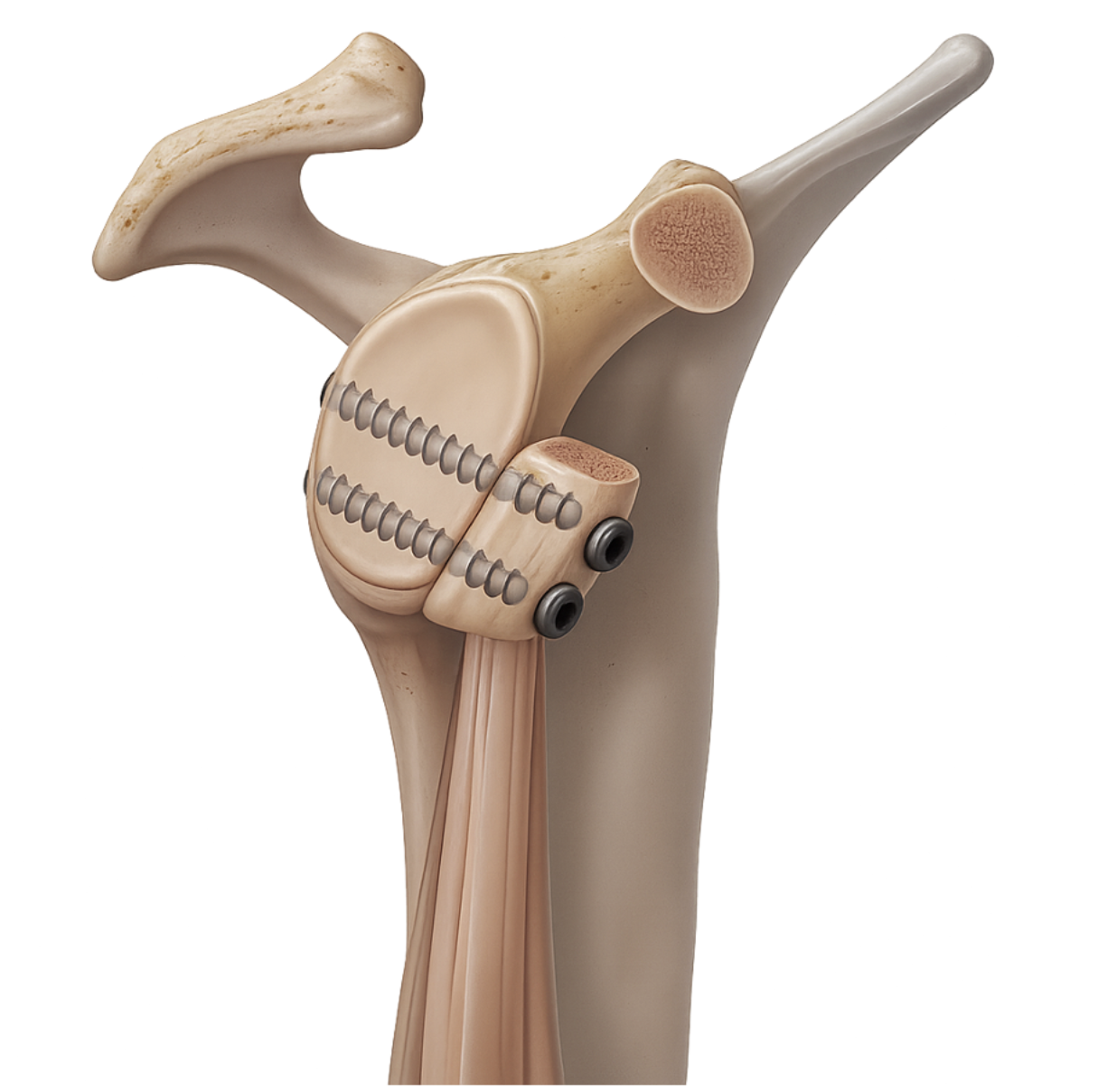 Illustration 3D — butée de Latarjet, stabilisation de l'épaule